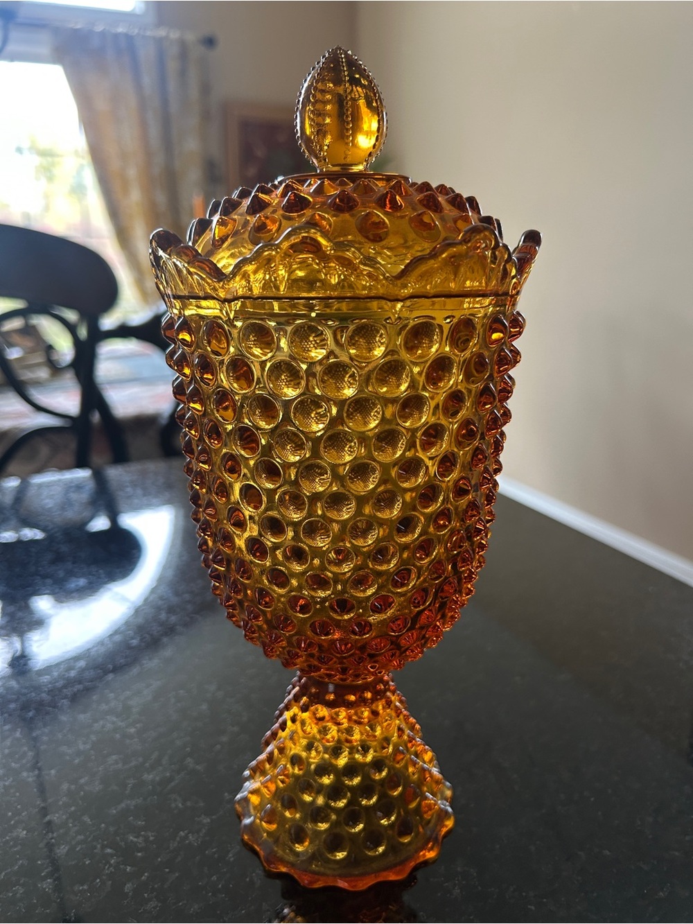 Vintage Fenton Art Glass Amber Hobnail Apothecary Jar / Colonial Candy Dish with